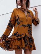 Choies Khaki Floral Print Ruffle Trim Button Front Long Sleeve Dress