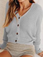 Choies Gray V-neck Button Placket Front Puff Sleeve Knit Sweater