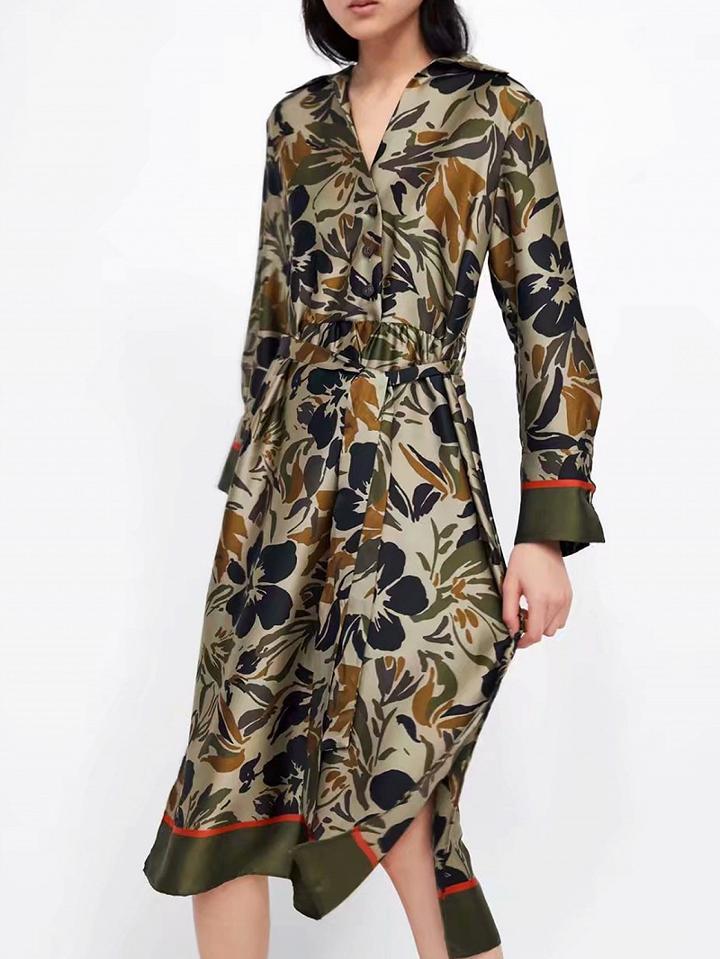 Choies Army Green V-neck Floral Print Tie Waist Long Sleeve Midi Dress
