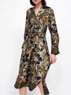 Choies Army Green V-neck Floral Print Tie Waist Long Sleeve Midi Dress