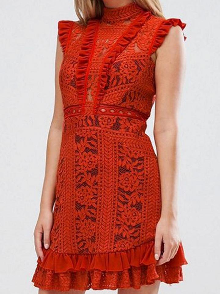 Choies Red Ruffle Trim Lace Overlay Mini Dress