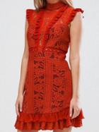 Choies Red Ruffle Trim Lace Overlay Mini Dress