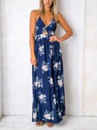Choies Blue V-neck Halter Floral Print Thigh Split Open Back Maxi Dress