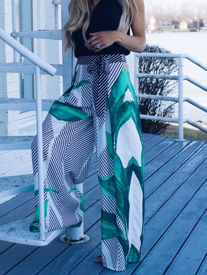 Choies Green High Waist Geo Pattern Print Chic Women Wide Leg Pants