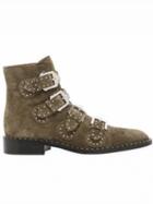 Choies Army Green Leather Stud Buckle Detail Ankle Boots