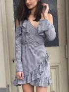 Choies Blue Stripe Cold Shoulder Ruffle Trim Long Sleeve Mini Dress