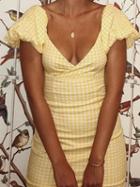Choies Yellow Plaid Cotton Plunge Puff Sleeve Chic Women Mini Dress