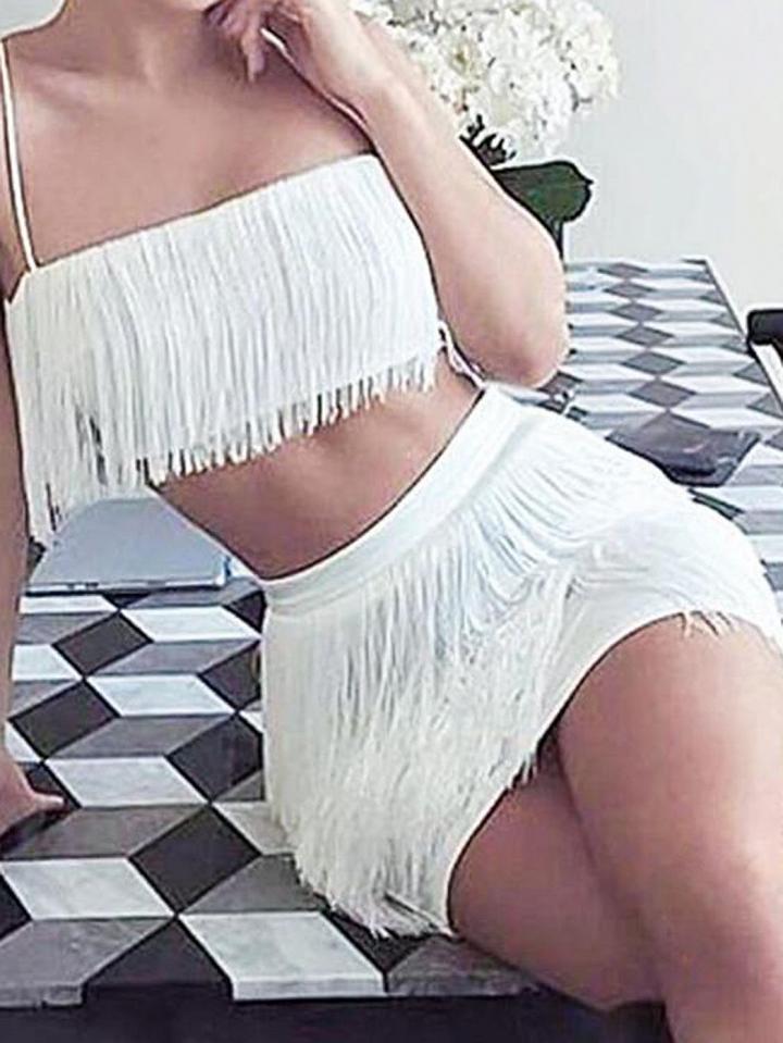 Choies White Tassel Trim Chic Women Crop Cami Top And High Waist Mini Skirt