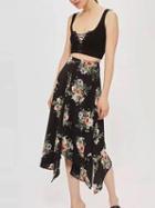 Choies Black High Waist Floral Side Split Asymmetric Midi Skirt