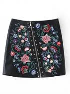 Choies Black Faux Leather Embroidery Floral Asymmetric Zip Mini Skirt