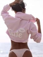 Choies Pink Lip And Letter Print Cropped Hoodie