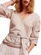 Choies Beige Stripe V-neck Wrap Front Balloon Sleeve Tie Waist Blouse