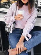 Choies Pink Crew Neck Lace Up Side Long Sleeve Women Sweater