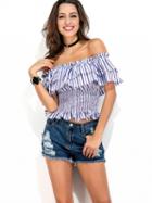 Choies White Stripe Off Shoulder Shirred Ruffle Top