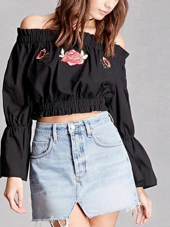 Choies Black Off Shoulder Floral Embroidery Flare Sleeve Crop Blouse