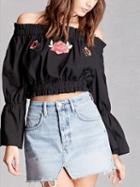 Choies Black Off Shoulder Floral Embroidery Flare Sleeve Crop Blouse