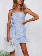 Choies Blue Stripe Bandeau Tie Waist Ruffle Trim Chic Women Mini Dress