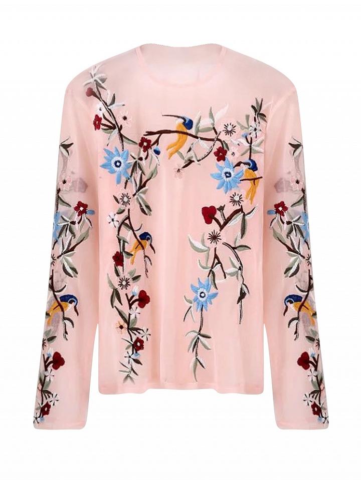 Choies Pink Embroidered Floral Mesh Long Sleeve Top