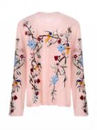 Choies Pink Embroidered Floral Mesh Long Sleeve Top