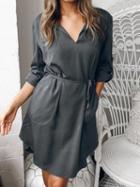 Choies Gray V-neck Tie Waist Long Sleeve Chic Women Mini Dress