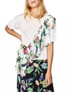 Choies White Ruffle Detail Floral Short Sleeve T-shirt