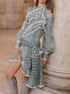 Choies Gray Stripe High Neck Lace Panel Ruffle Trim Chic Women Mini Dress