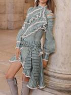 Choies Gray Stripe High Neck Lace Panel Ruffle Trim Chic Women Mini Dress