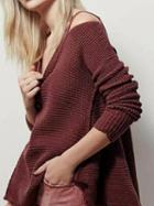 Choies Burgundy V-neck Cold Shoulder Long Sleeve Chic Women Knit Sweater