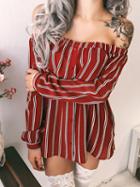Choies Red Off Shoulder Stripe Long Sleeve Mini Dress