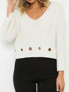 Choies White V-neck Eyelet Detail Long Sleeve Chic Women Knit Sweater