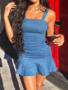 Choies Dark Blue Ruffle Hem Chic Women Denim Cami Mini Dress