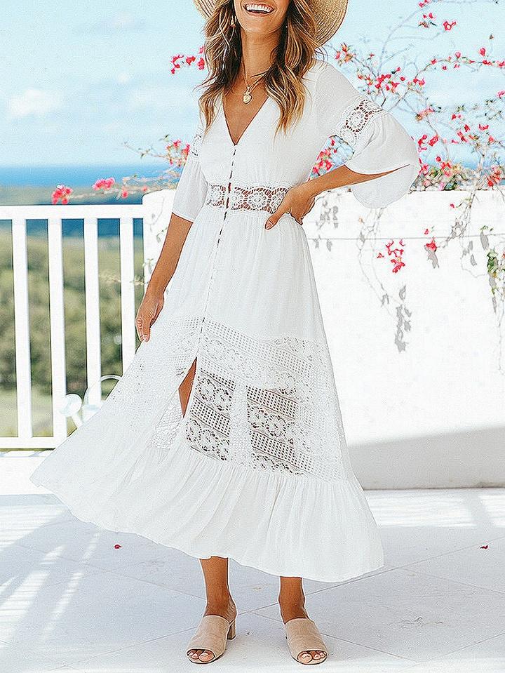 Choies White V-neck Lace Panel Thigh Split Front Maxi Dress