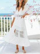 Choies White V-neck Lace Panel Thigh Split Front Maxi Dress