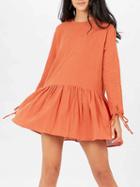 Choies Orange Frill Hem Button Back Long Sleeve Tie Cuff Dress