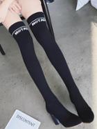 Choies Black Letter Pattern Knitted Heeled Over The Knee Boots