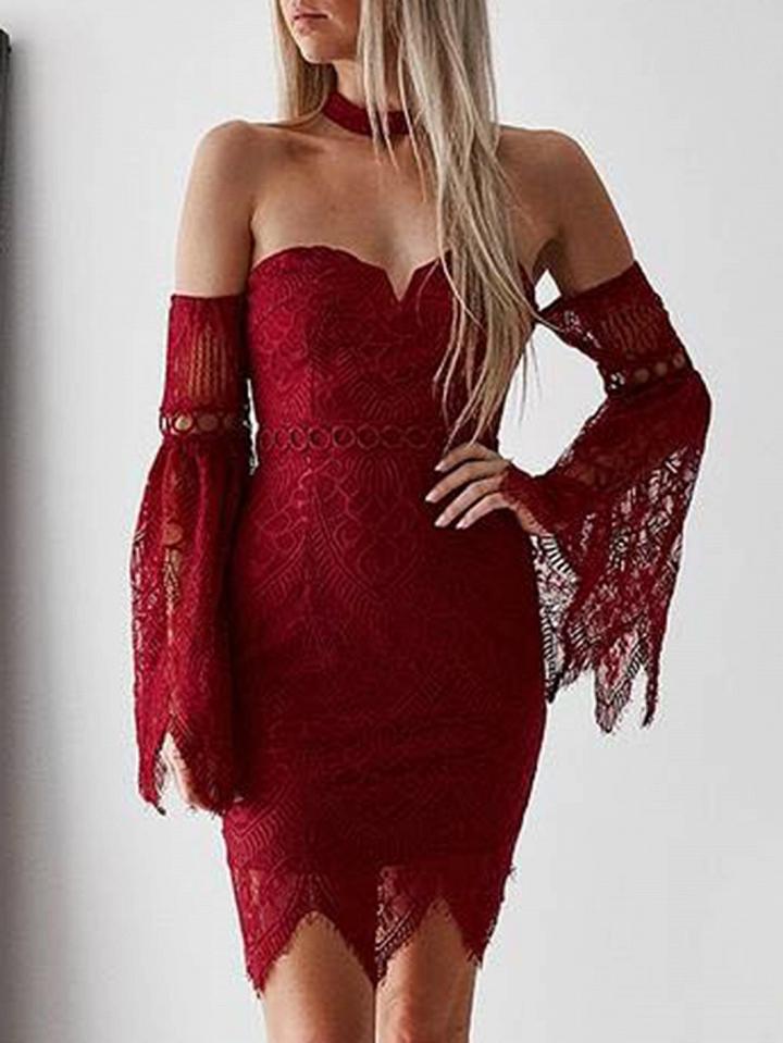 Choies Burgundy Off Shoulder Flare Sleeve Chic Women Lace Bodycon Mini Dress
