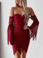 Choies Burgundy Off Shoulder Flare Sleeve Chic Women Lace Bodycon Mini Dress