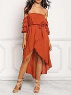 Choies Orange Off Shoulder Tie Waist Puff Sleeve Hi-lo Dress