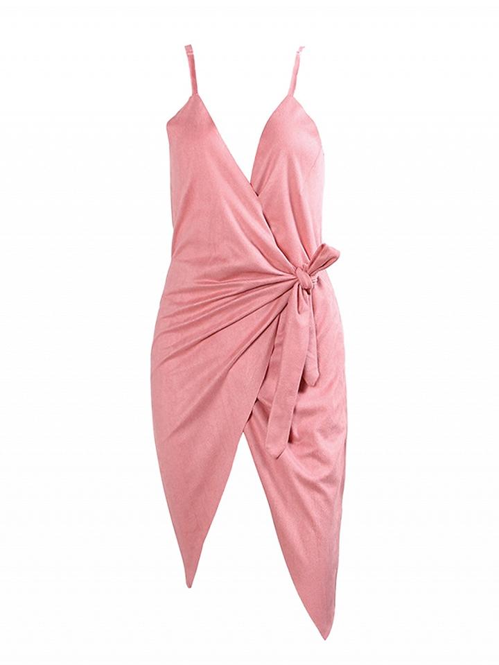 Choies Pink V-neck Faux Suede Tie Side Mini Wrap Dress