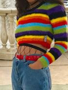 Choies Polychrome Stripe Long Sleeve Chic Women Knit Crop Sweater