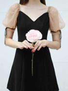 Choies Black V-neck Beaded Detail Puff Sleeve Chic Women Mini Dress