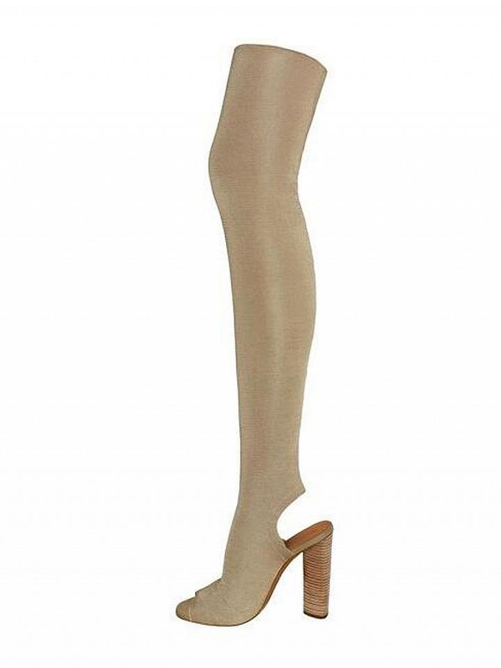 Choies Light Khaki Peep Toe Stretch Heeled Over The Knee Boots
