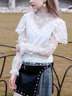 Choies White High Neck Embroidery Sheer Mesh Panel Blouse