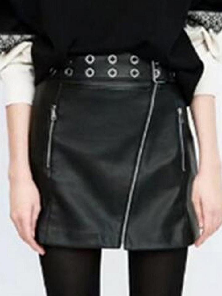 Choies Black High Waist Eyelet Belt Leather Look Pencil Mini Skirt