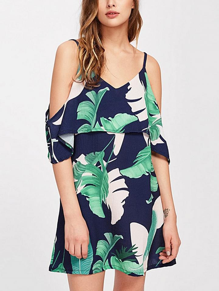 Choies Green V-neck Cold Shoulder Leaf Print Ruffle Trim Mini Dress