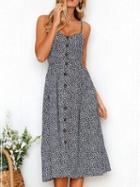 Choies Blue Spaghetti Strap Button Placket Floral Print Midi Dress