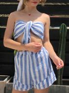 Choies Blue Stripe Bandeau Chic Women Crop Top And High Waist Shorts
