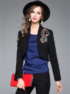 Choies Black Stand Collar Beaded Embellished Open Front Cropped Coat