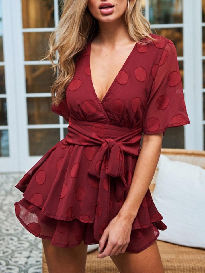 Choies Red V-neck Tie Waist Romper Playsuit
