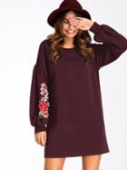 Choies Burgundy Embroidery Floral Puff Sleeve Mini Dress